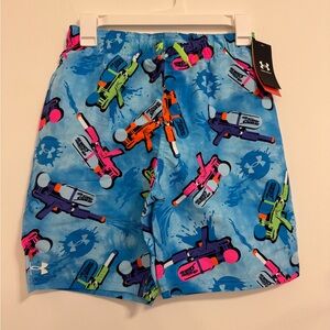 Under Armour Boys Blue Swim Trunks with Neon Water Super Soaker Print NEW